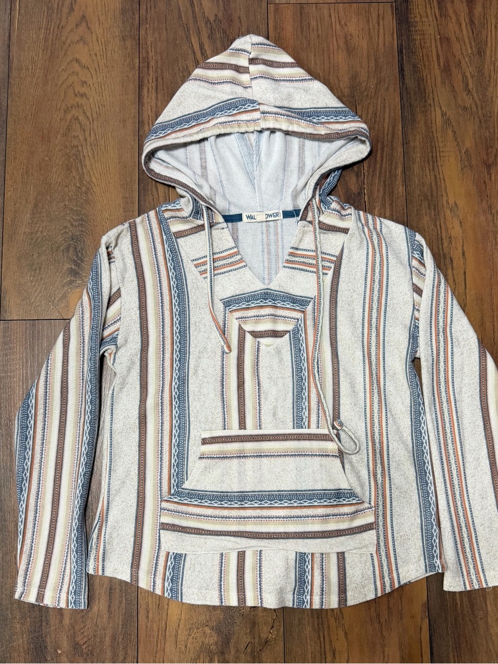 Wallflower Cream Striped Hooded Pullover with Blue & Brown Accents